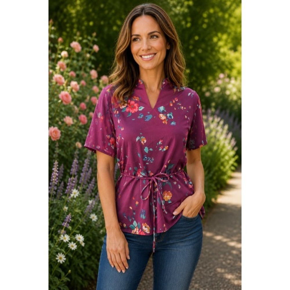 Vintage Blouse House Plum Floral Drawstring Waist Peplum Top Medium